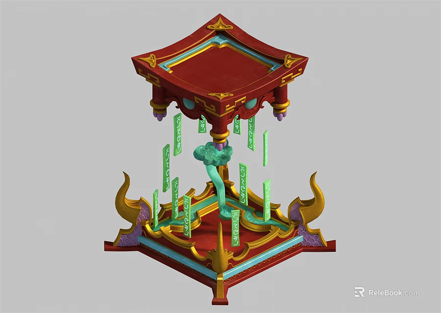 Traditional Chinese Decorative Ornament Set With Red Pavilion Top Golden Accents And Green Hanging Pendants 3d model 