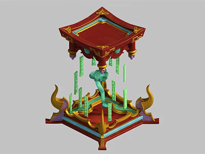 Traditional Chinese Decorative Ornament Set With Red Pavilion Top Golden Accents And Green Hanging Pendants 3d model