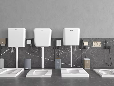 Modern White Squat Toilets With Water Tanks On Gray Wall Interior Design 3d model