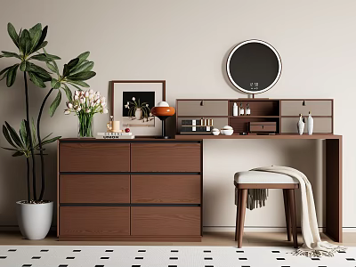 Wooden Dressing Table with Round Mirror Vase Photo Frame and Stool on Patterned Rug 3d model