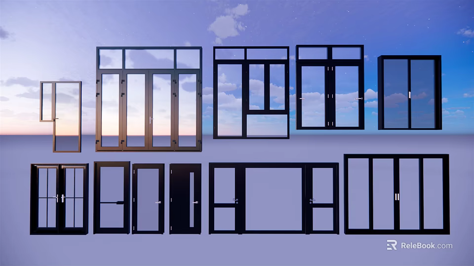 Different Window And Door Styles With Sky Backdrop And Sleek Frames 3d model