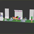 Modern Exhibition Booth Design Featuring White Display Panels Green Floor White Chairs And Information Counter