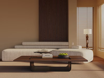 Modern Cozy Living Room Featuring Three-Seater Sofa Wooden Accent Wall Coffee Table And Window Blinds 3d model