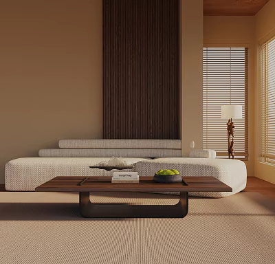 Modern Cozy Living Room Featuring Three-Seater Sofa Wooden Accent Wall Coffee Table And Window Blinds 3d model