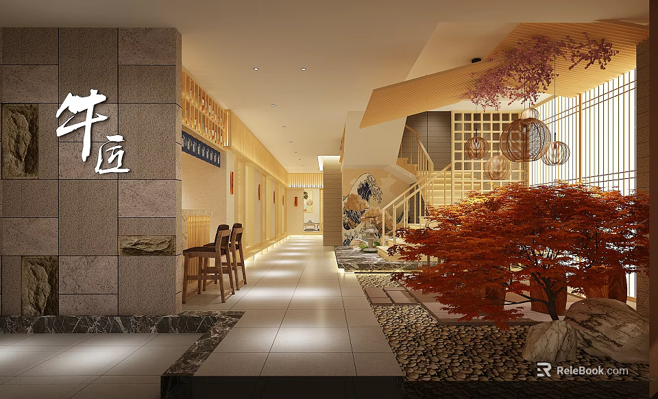Traditional Japanese Style Restaurant Entrance With Stone Wall Wooden Tables Red Maple Decor And Lanterns 3d model 