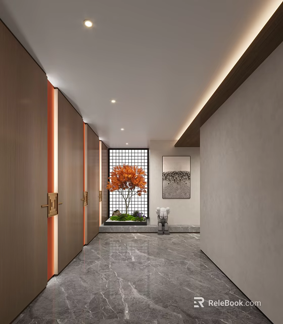 Modern Elegant Elevator Hallway Interior With Wooden Doors Recessed Lighting And Decorative Artwork 3d model 