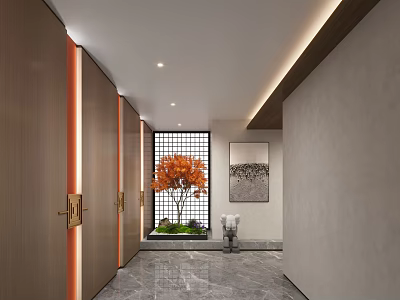 Modern Elegant Elevator Hallway Interior With Wooden Doors Recessed Lighting And Decorative Artwork 3d model