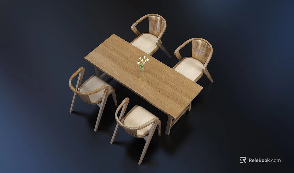 Wooden Dining Table Set with Four Chairs Light Colored Cushions and Vase with Flowers 3d model 