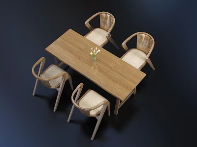 Wooden Dining Table Set with Four Chairs Light Colored Cushions and Vase with Flowers 3d model