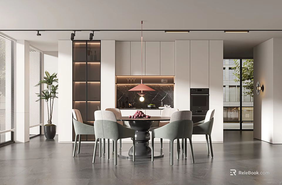 Modern Dining Area Interior With Round Table Gray Chairs Pendant Light And Cabinets 3d model