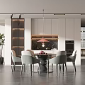 Modern Dining Area Interior With Round Table Gray Chairs Pendant Light And Cabinets 3d model