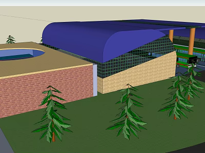 Modern Building Exterior With Blue Roof Brick Wall Pool And Pine Trees 3d model