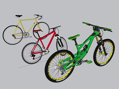 Colorful Bicycles Featuring Yellow Red Green Frames and Mountain Road Styles 3d model