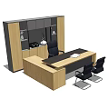 Modern Office Desk Setup With Wooden Desktop Two Black Chairs And Glass Door Cabinet