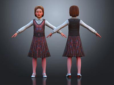 Girl Character 3D Model Front Back View With Dress Vest Stockings Shoes 3d model