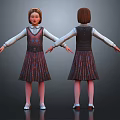 Girl Character 3D Model Front Back View With Dress Vest Stockings Shoes