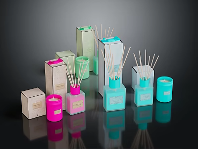 Fragrance Cosmetic Products Featuring Colorful Bottles Boxes Reed Diffusers And Scented Candles 3d model