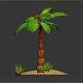 Green Leaf Palm Tree With Brown Trunk And Three Coconuts On Sand Base 3d model