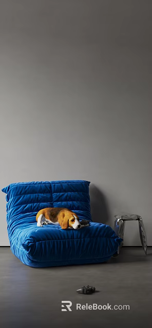 Blue Velvet Bean Bag Chair With Cozy Design And Dog Lying Nearby 3d model 
