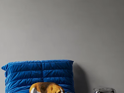 Blue Velvet Bean Bag Chair With Cozy Design And Dog Lying Nearby 3d model