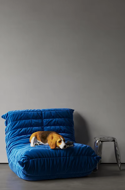 Blue Velvet Bean Bag Chair With Cozy Design And Dog Lying Nearby 3d model