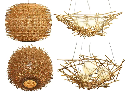 Handmade Rattan Chandeliers With Spherical And Irregular Twig Designs For Home Decor 3d model
