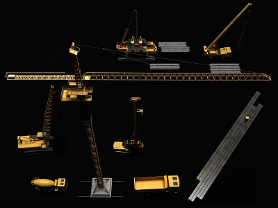 Heavy Duty Utility Vehicles Including Cranes Excavators Trucks And Steel Beams For Construction 3d model