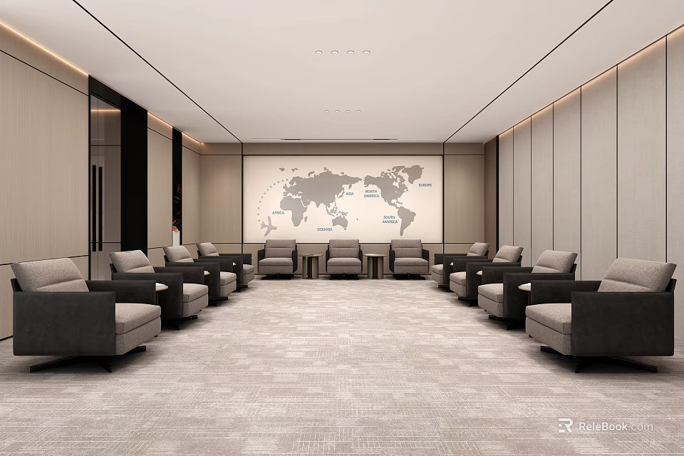 Modern Conference Room With Gray Sofas Arrangement And World Map Wall 3d model