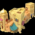 Cartoon Scene Of Arabian Style Buildings With Golden Dome And Colorful Awnings