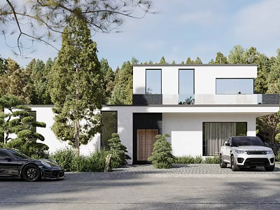 Modern Detached Villa with Large Glass Windows Lush Trees and Parked Cars in Front 3d model
