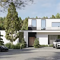 Modern Detached Villa with Large Glass Windows Lush Trees and Parked Cars in Front