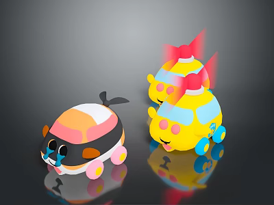 Playful Cartoon Character Toy Cars With Animal Shapes Tail Bow Wings And Colorful Design 3d model
