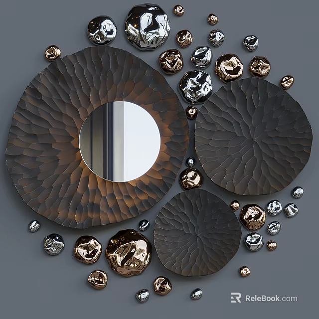 Circular Textured Dark Colored Mirrors Arrangement With Metallic Decorative Spheres 3d model