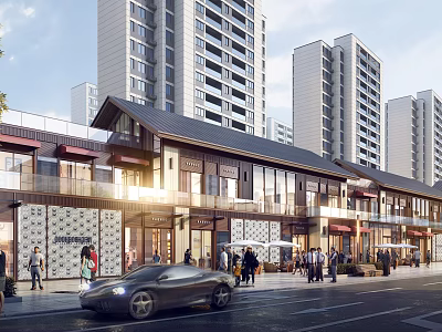 Commercial Street With Traditional Architecture Modern High Rises Pedestrians Vehicles And Sunshades 3d model