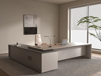 Desk With Laptop Desk Lamp Near Window Blinds Plant Wall Art On Woven Rug 3d model