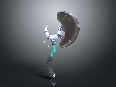 Fantasy Axe Weapon with Curved Blade Dark Head Green Spiral Handle and Ornate Purple Accents 3d model