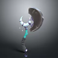 Fantasy Axe Weapon with Curved Blade Dark Head Green Spiral Handle and Ornate Purple Accents