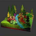 Natural Scenery Model With Green Pine Trees Blue Stream And Yellow Plants