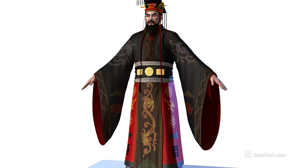A Man In Traditional Costume With Dragon Patterns And Decorative Hat Standing With Arms Outstretched 3d model 