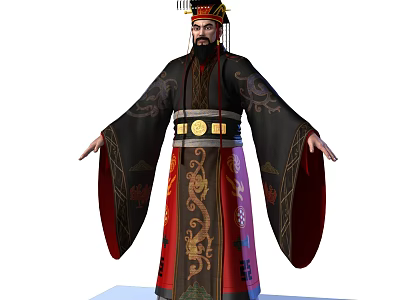 A Man In Traditional Costume With Dragon Patterns And Decorative Hat Standing With Arms Outstretched 3d model