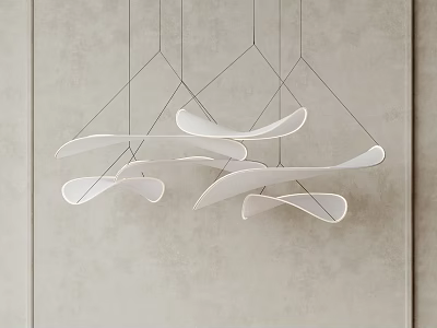 Modern White Hanging Chandelier Featuring Flowing Curved Designs Against Gray Wall 3d model