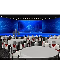 Modern Conference Venue With Blue Lighting Large Screen And Round Tables