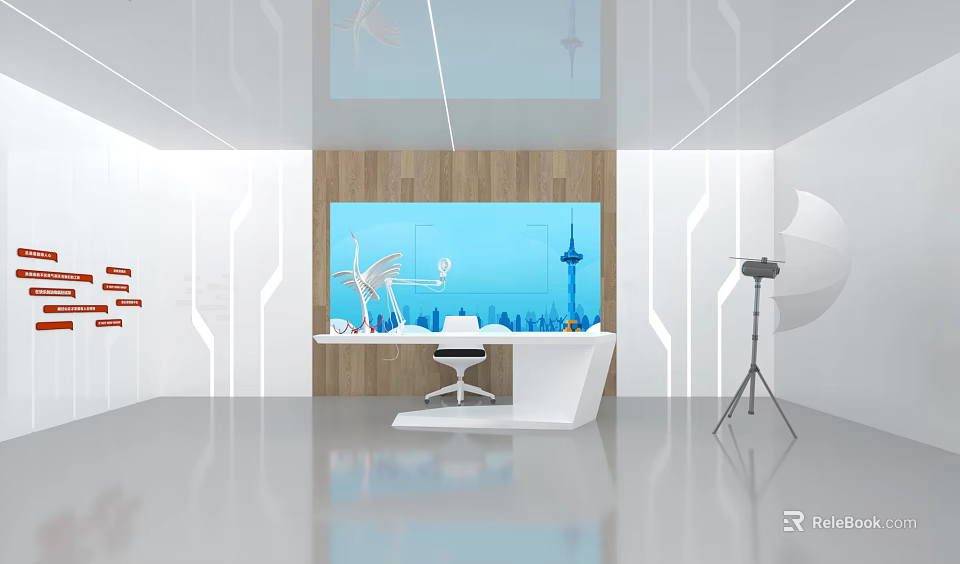 Modern Exhibition Hall Interior With White Display Counter Large City View Screen And Wooden Accent 3d model 