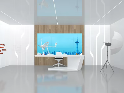 Modern Exhibition Hall Interior With White Display Counter Large City View Screen And Wooden Accent 3d model