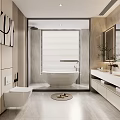Modern Bathroom Interior Design With Freestanding Bathtub Window Blinds Vanity Mirror And Light Tiles