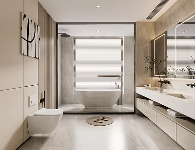 Modern Bathroom Interior Design With Freestanding Bathtub Window Blinds Vanity Mirror And Light Tiles 3d model