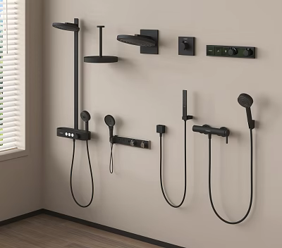 Contemporary Black Wall Mounted Shower System With Handheld And Overhead Sprayers 3d model