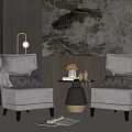 Leisure Sofa Set Featuring Gray Armchairs Round Side Table And Decorative Items 3d model