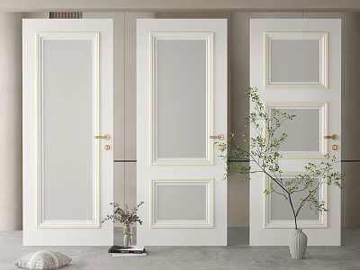 White Hinged Doors With Golden Handles And Glass Panels In Modern Interior 3d model