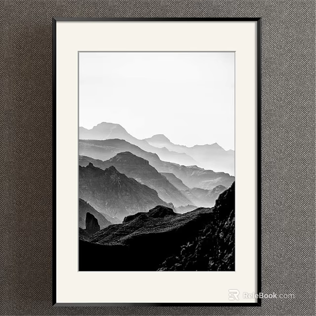 Black and White Landscape Painting With Layered Misty Distant Mountains 3d model 